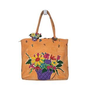 Sally Huss Tote Bag Womens Large Orange Canvas Floral Art Zip Top Charm Flower